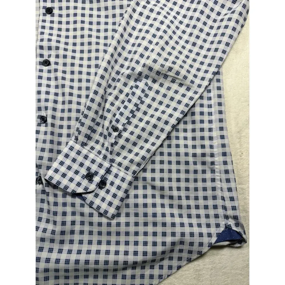 Burberry London Mens 16.5 Blue White Check 100% Silk Long Sleeve Dress Shirt